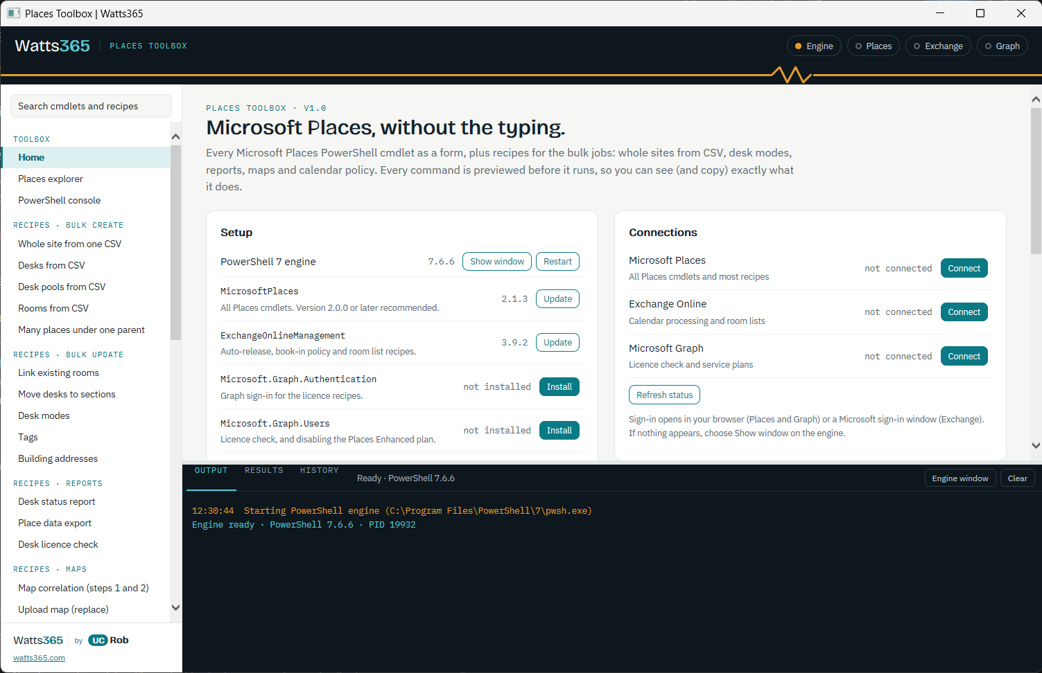 Places Toolbox home page: setup on the left, connections on the right, live log underneath